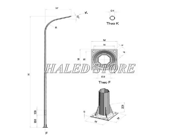Cột đèn cao áp 7m bát giác liền cần đơn