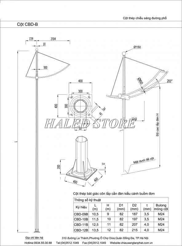 Kiểu dáng trụ đèn cap áp 6m dạng cánh buồm đơn
