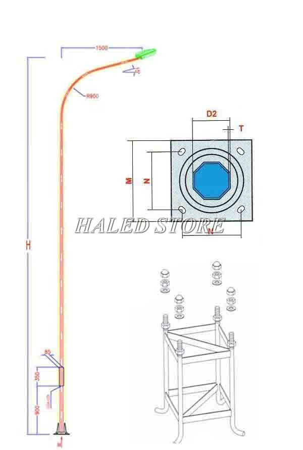 Trụ đèn cao áp bát giác liền cần đơn 6m