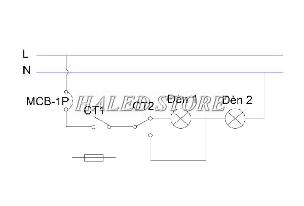 Sơ đồ mạch điện đơn giản dùng để lắp đặt hai đèn pha chiếu sáng