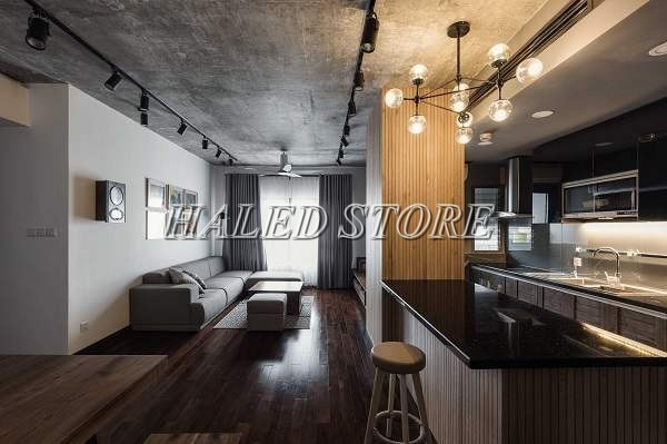 Trần bê tông lắp đặt đèn rọi ray