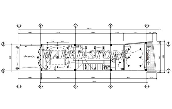 Ví dụ cho mặt bằng bố trí đèn tầng trệt