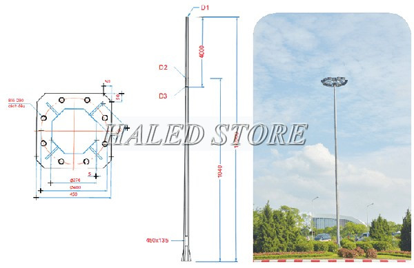 Bản vẽ và hình ảnh thực tế cột đèn nâng hạ 14m 