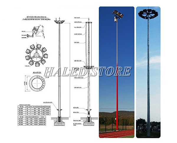 Bản vẽ và hình ảnh cột đèn nâng hạ 20m 