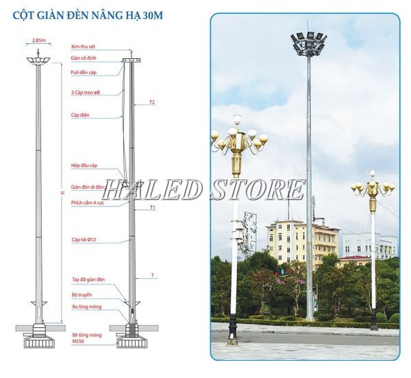 Thiết kế trụ nâng hạ 30m chiếu sáng trong khuôn viên 