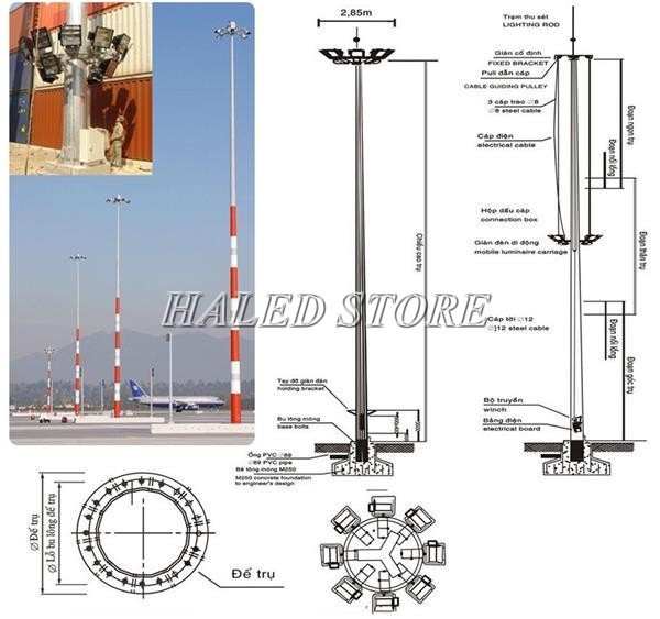 Bản vẽ chi tiết cột đèn nâng hạ 35m và hình ảnh thực tế 