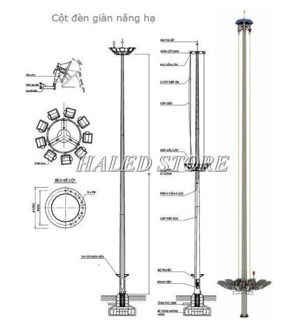 Bản vẽ cột đèn nâng hạ chi tiết 