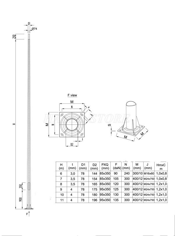 Bản vẽ kỹ thuật của cột đèn bát giác côn tròn 6m