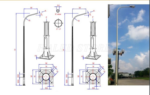 Bản vẽ kỹ thuật cột đèn bát giác liền cần đơn 6m