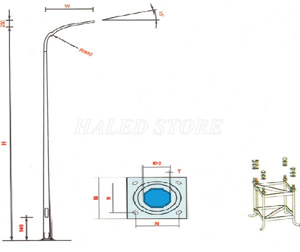 Cột đèn bát giác côn tròn 9m  chuyên dụng khung móng M24