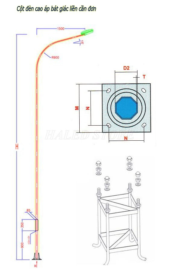 Cột đèn cao áp bát giác liền cần đơn 6m dùng khung móng M16