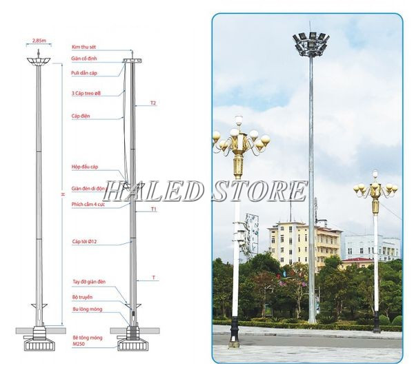 Cột đèn chiếu sáng nâng hạ chiếu sáng khuôn viên 