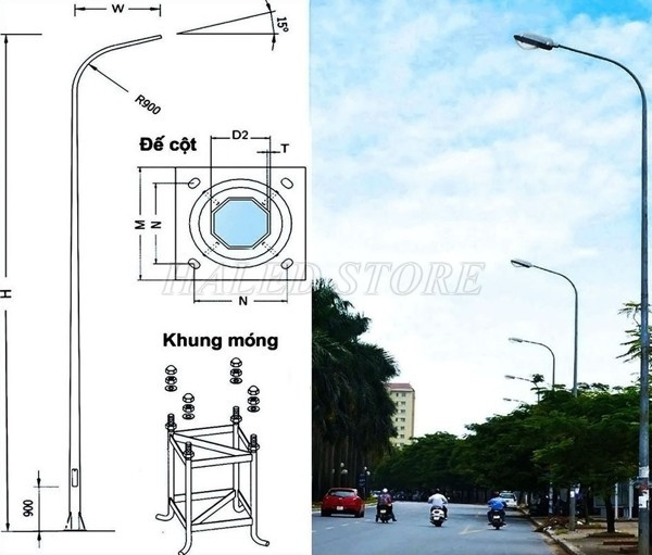 Cột đèn bát giác liền cần đơn 