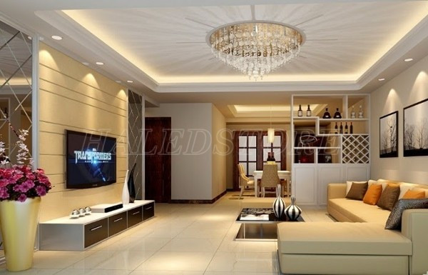 Bố trí đèn âm trần phòng khách kết hợp đèn chùm