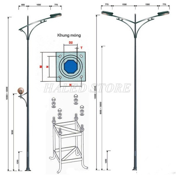 Cột đèn chiếu sáng bát giác 8m rời cần kép