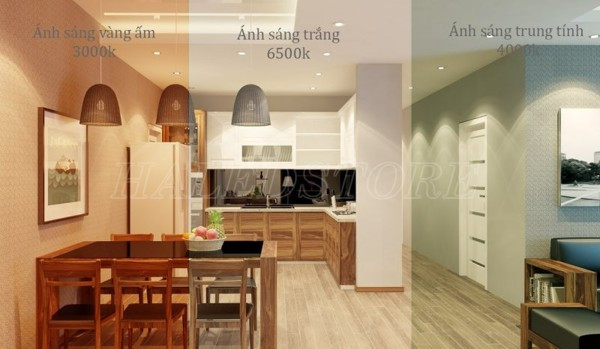 Đèn âm trần đổi màu chiếu sáng phòng bếp 