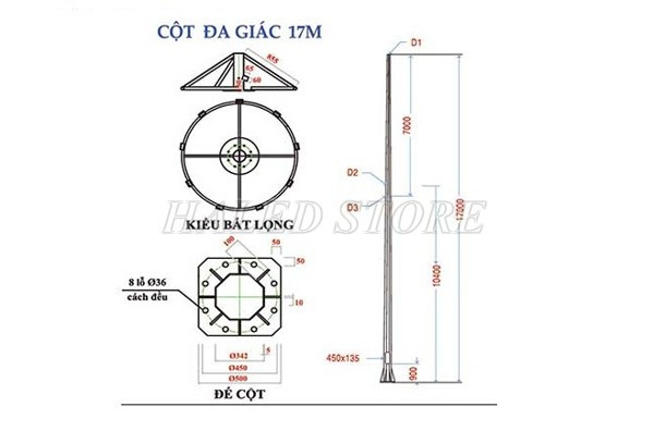 Bản vẽ cột đèn pha 17M chi tiết