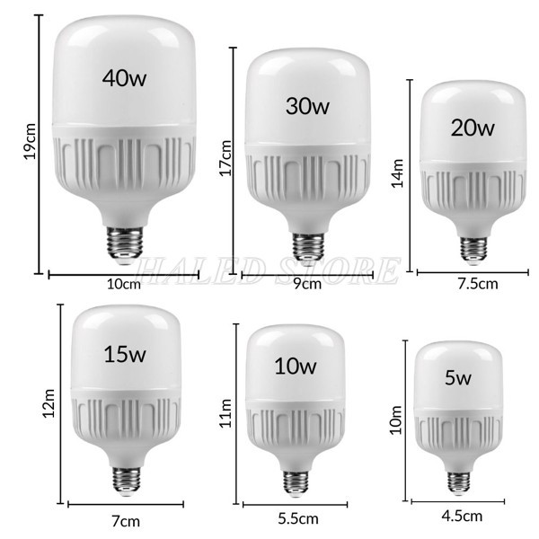 Kích thước đèn LED bulb theo công suất