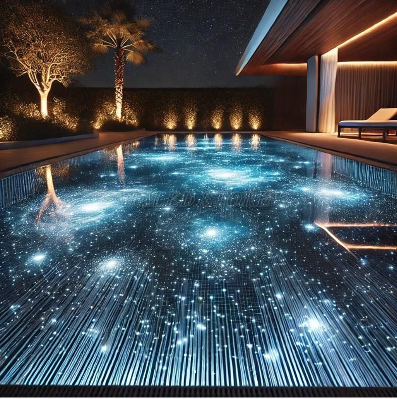 Không gian hồ bơi được trang trí bằng đèn LED vô cùng đẹp mắt. 