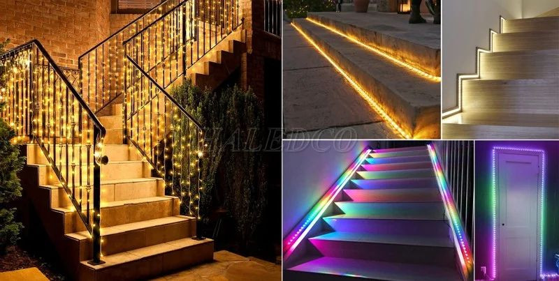 Đèn LED dây trang trí cầu thang tạo nên những hiệu ứng ánh sáng bắt mắt. 