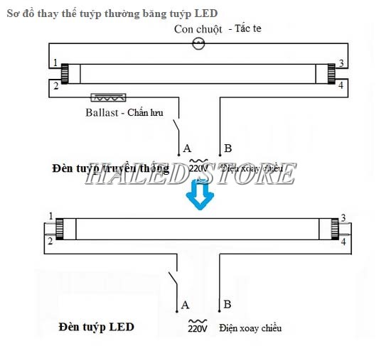 Sơ đồ đấu nối đèn tuýp LED T8