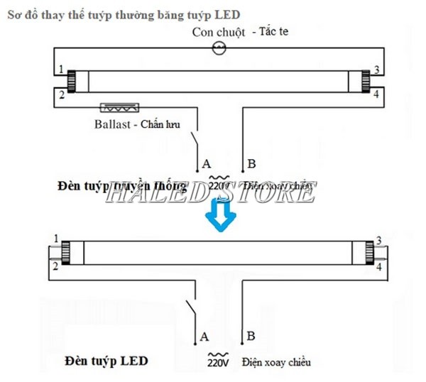 Sơ đồ đấu đèn tuýp LED Rạng Đông